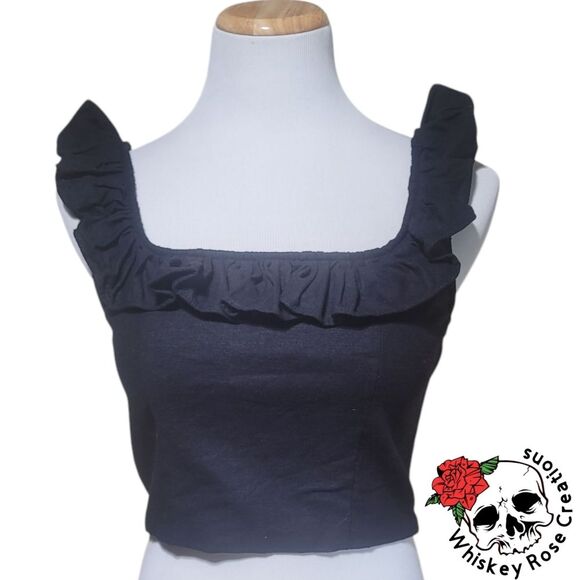 Express Linen-Blend Ruffle Cutout Back Peplum Tank Womens XS Black Top 028631050 - Picture 1 of 10